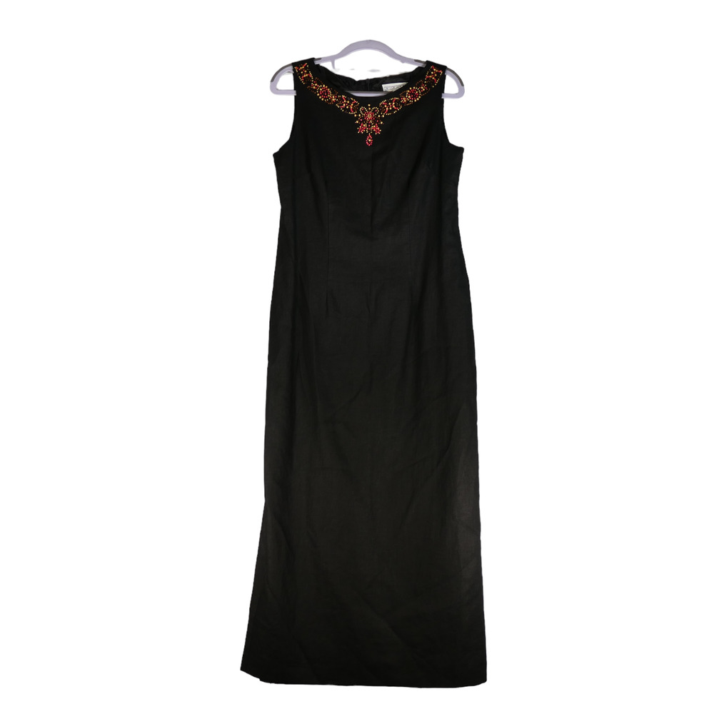 Jessica Howard Linen Blend Maxi Dress Womens Size 10 Black Beaded Lined Boho